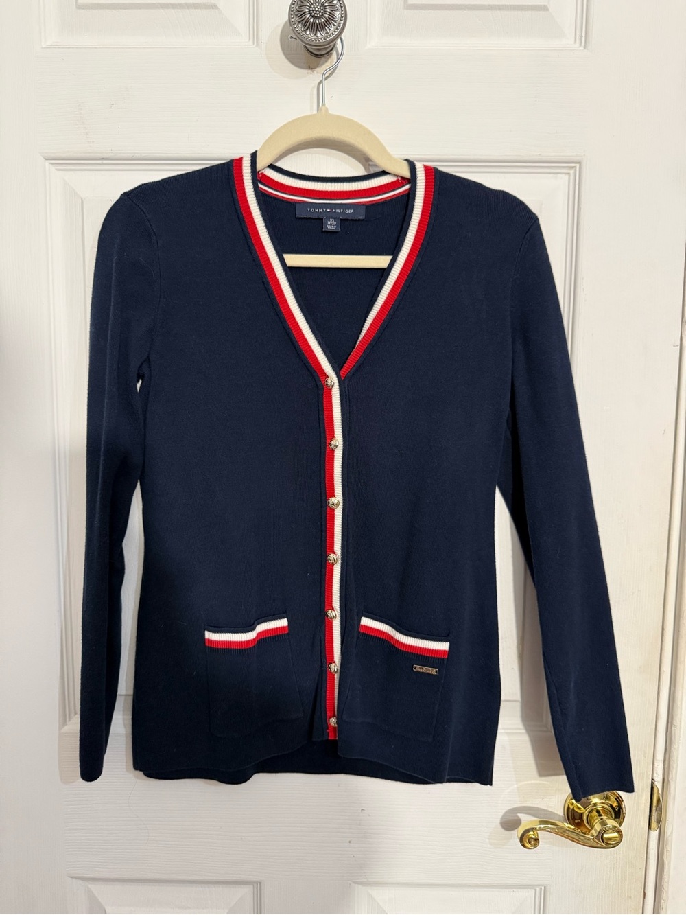Tommy Hilfiger Navy V-Neck Cardigan with Red & White Trim